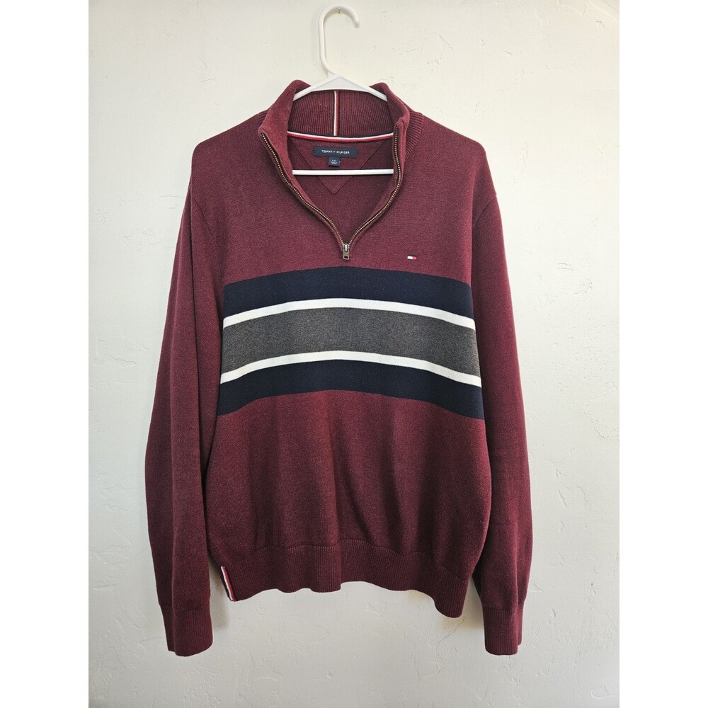 Tommy Hilfiger Men's Pullover Sweater 1/4 Zip Maroon, Size L, EXCELLENT